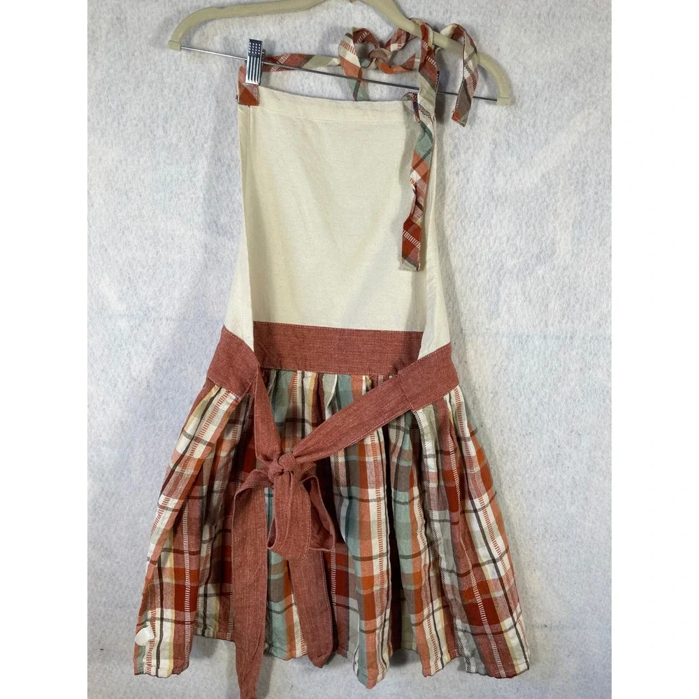 Vintage Style Plaid Ruffle Bib Apron Rust Orange Sage Green Cotton Linen One SZ